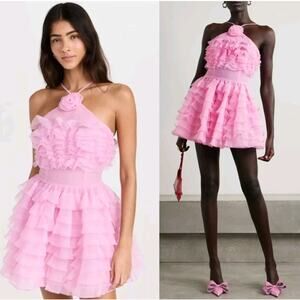 NWT $595 Staud Pink Florian Tiered Ruffle Halter Tulle Organza Minidress Sz 8